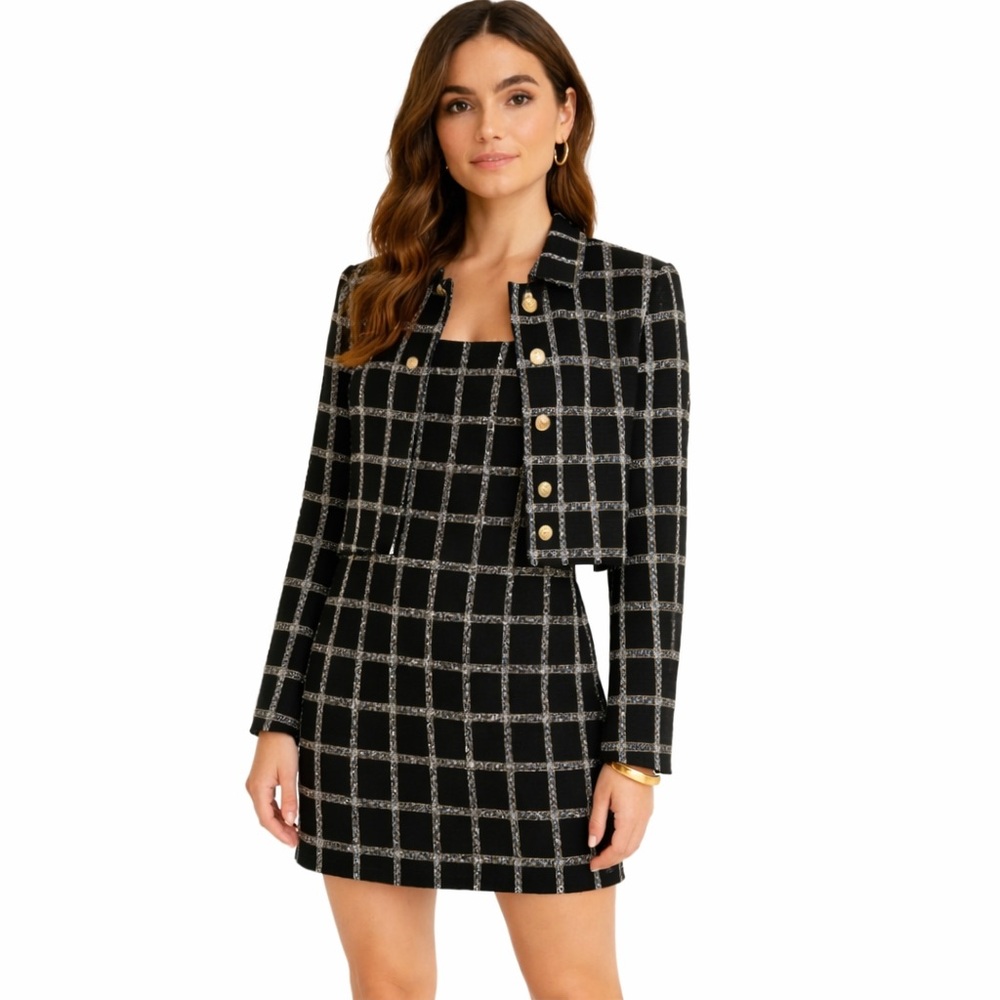 Jason Wu • Black Blue Windowpane Tweed Jacket Dress Set Size Medium